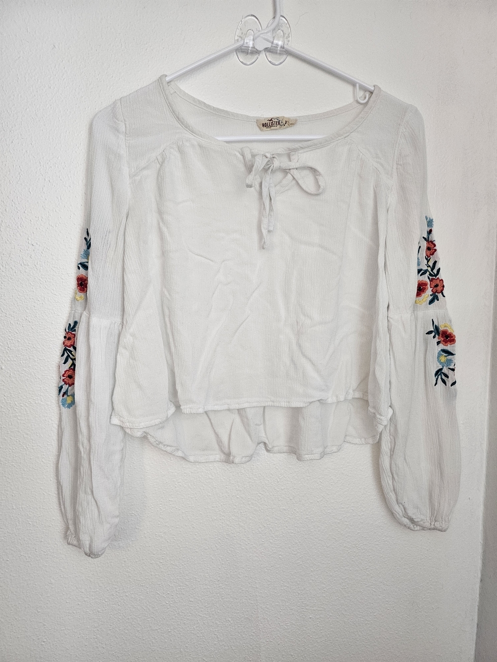Hollister White Boho Peasant Top with Floral Sleeve Embroidery